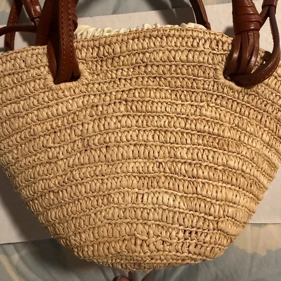 Sézane Justine Mini Basket embroidered Flowers Tan and Yellow straw bag perfect - Picture 4 of 5